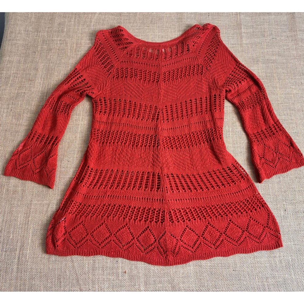 Boho Crochet Style Burnt Orange Knit Pointelle Bell Sleeve Sweater Top Medium